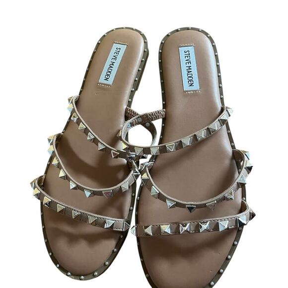 Steve Madden Lodell Studded Slip On Flat Sandals Tan Women's Size 8 - Picture 6 of 11